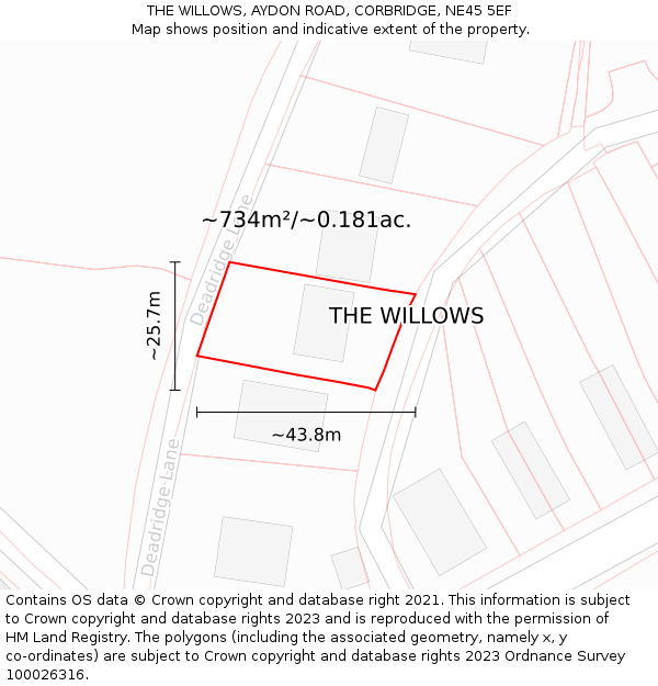 THE WILLOWS, AYDON ROAD, CORBRIDGE, NE45 5EF: Plot and title map