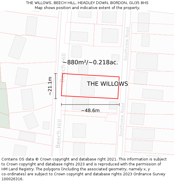 THE WILLOWS, BEECH HILL, HEADLEY DOWN, BORDON, GU35 8HS: Plot and title map