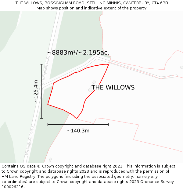 THE WILLOWS, BOSSINGHAM ROAD, STELLING MINNIS, CANTERBURY, CT4 6BB: Plot and title map