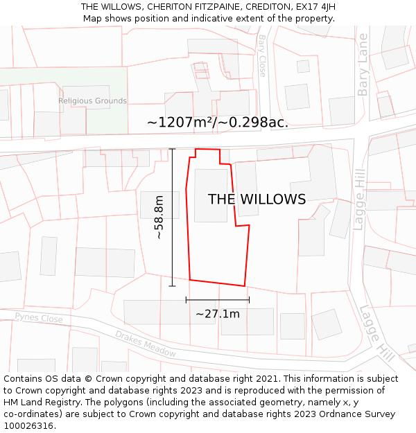 THE WILLOWS, CHERITON FITZPAINE, CREDITON, EX17 4JH: Plot and title map