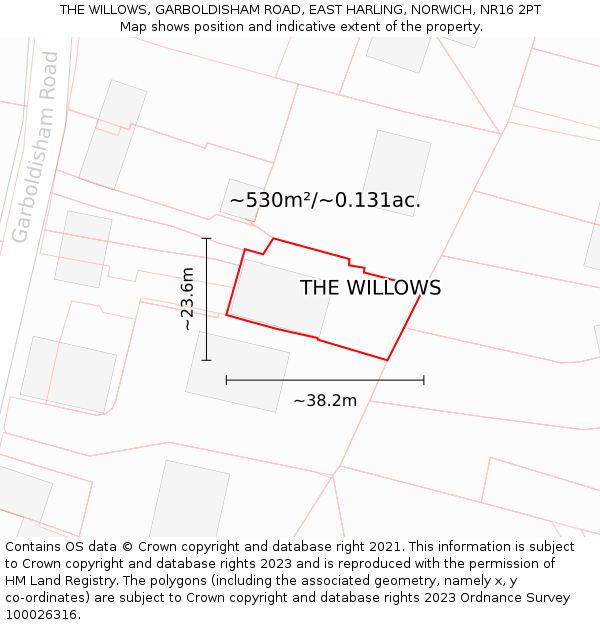 THE WILLOWS, GARBOLDISHAM ROAD, EAST HARLING, NORWICH, NR16 2PT: Plot and title map