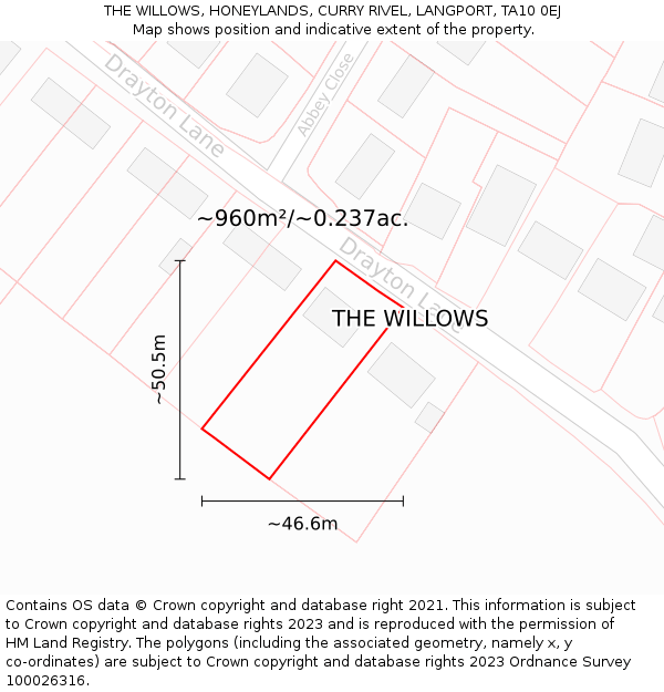 THE WILLOWS, HONEYLANDS, CURRY RIVEL, LANGPORT, TA10 0EJ: Plot and title map