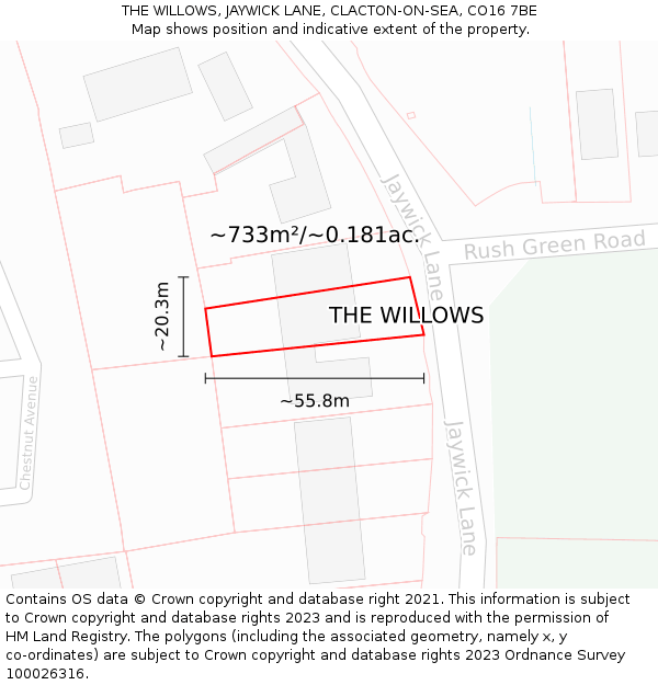 THE WILLOWS, JAYWICK LANE, CLACTON-ON-SEA, CO16 7BE: Plot and title map