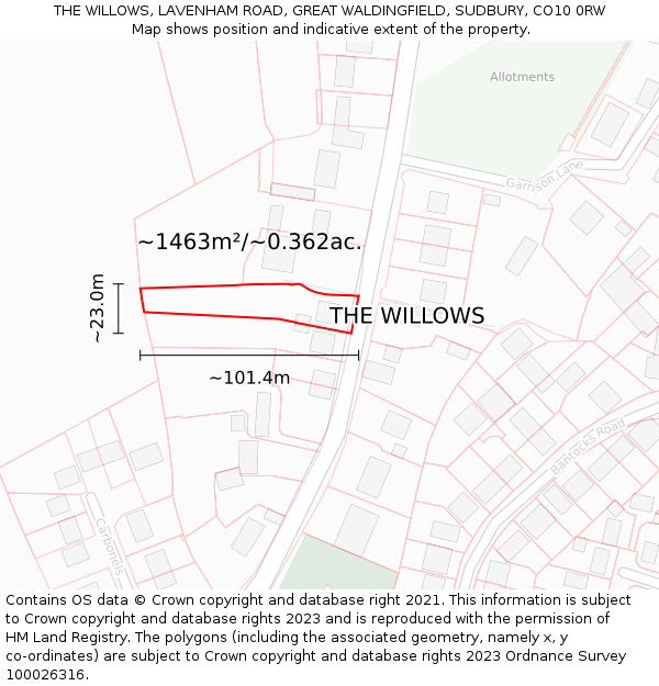 THE WILLOWS, LAVENHAM ROAD, GREAT WALDINGFIELD, SUDBURY, CO10 0RW: Plot and title map