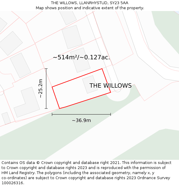 THE WILLOWS, LLANRHYSTUD, SY23 5AA: Plot and title map