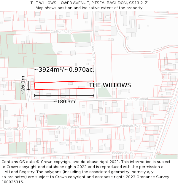 THE WILLOWS, LOWER AVENUE, PITSEA, BASILDON, SS13 2LZ: Plot and title map