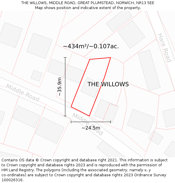 THE WILLOWS, MIDDLE ROAD, GREAT PLUMSTEAD, NORWICH, NR13 5EE: Plot and title map