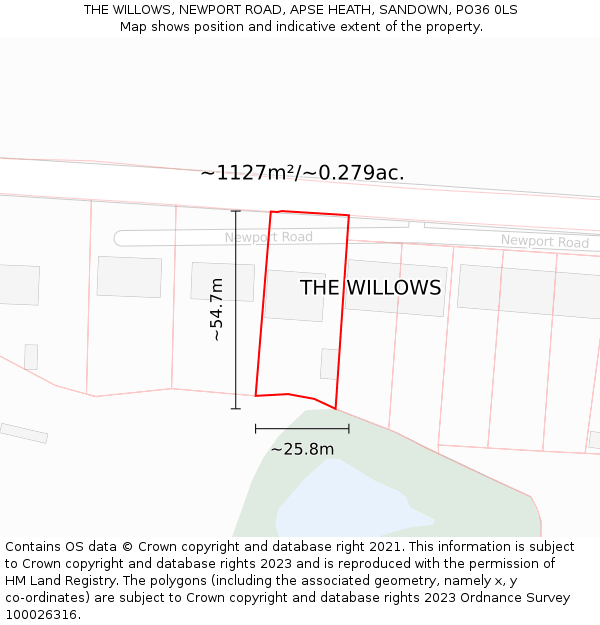 THE WILLOWS, NEWPORT ROAD, APSE HEATH, SANDOWN, PO36 0LS: Plot and title map