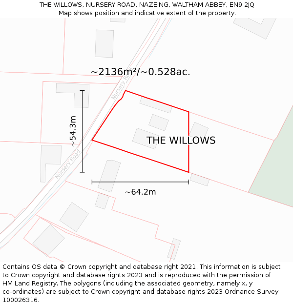 THE WILLOWS, NURSERY ROAD, NAZEING, WALTHAM ABBEY, EN9 2JQ: Plot and title map