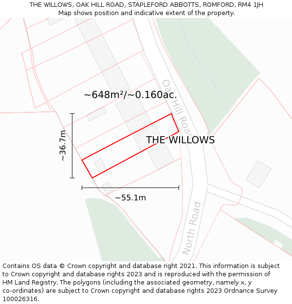 THE WILLOWS, OAK HILL ROAD, STAPLEFORD ABBOTTS, ROMFORD, RM4 1JH: Plot and title map
