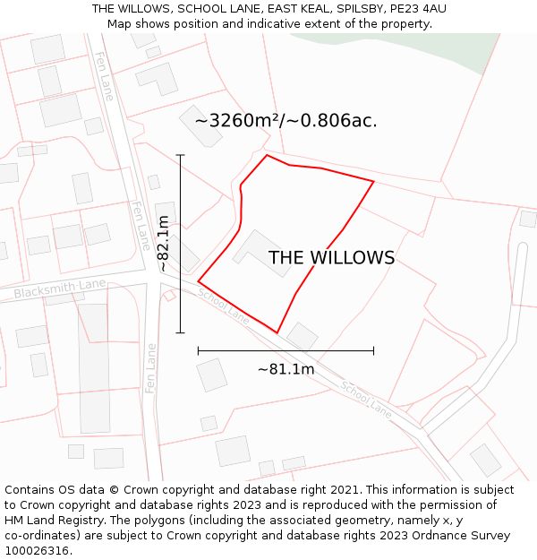 THE WILLOWS, SCHOOL LANE, EAST KEAL, SPILSBY, PE23 4AU: Plot and title map