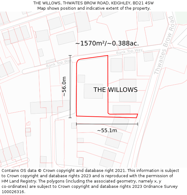 THE WILLOWS, THWAITES BROW ROAD, KEIGHLEY, BD21 4SW: Plot and title map