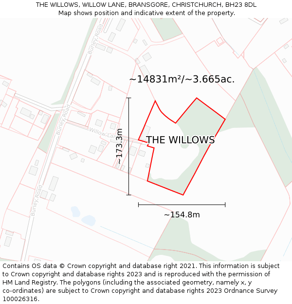 THE WILLOWS, WILLOW LANE, BRANSGORE, CHRISTCHURCH, BH23 8DL: Plot and title map