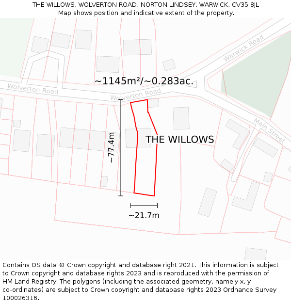 THE WILLOWS, WOLVERTON ROAD, NORTON LINDSEY, WARWICK, CV35 8JL: Plot and title map