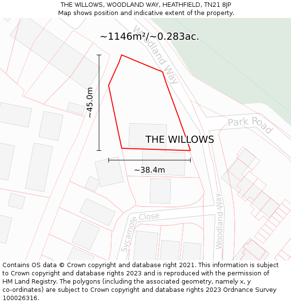 THE WILLOWS, WOODLAND WAY, HEATHFIELD, TN21 8JP: Plot and title map