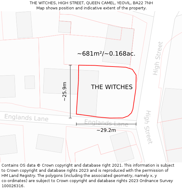 THE WITCHES, HIGH STREET, QUEEN CAMEL, YEOVIL, BA22 7NH: Plot and title map