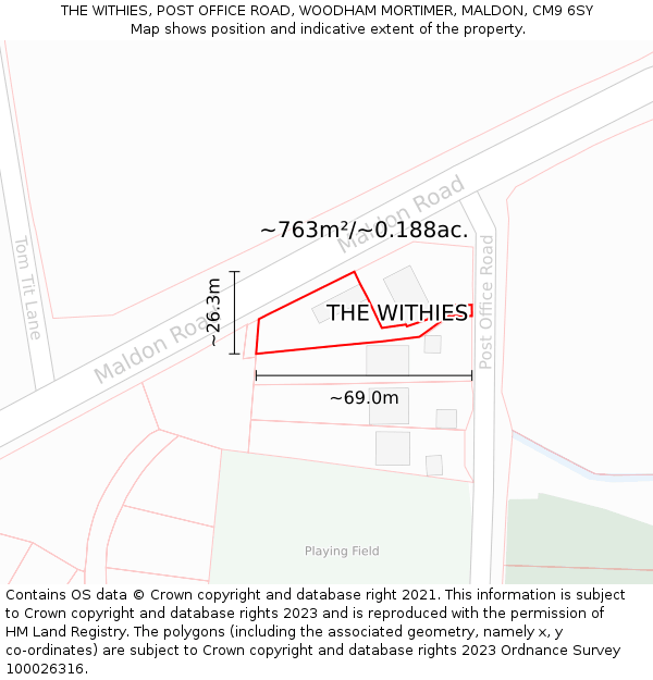 THE WITHIES, POST OFFICE ROAD, WOODHAM MORTIMER, MALDON, CM9 6SY: Plot and title map