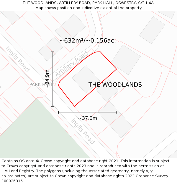 THE WOODLANDS, ARTILLERY ROAD, PARK HALL, OSWESTRY, SY11 4AJ: Plot and title map