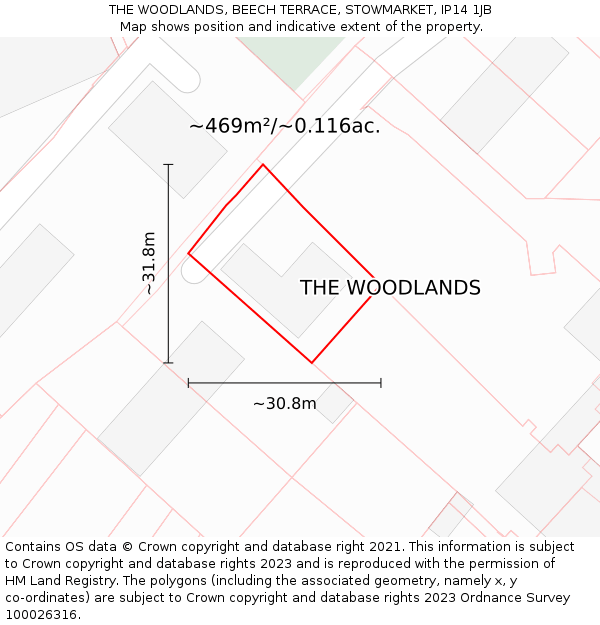 THE WOODLANDS, BEECH TERRACE, STOWMARKET, IP14 1JB: Plot and title map