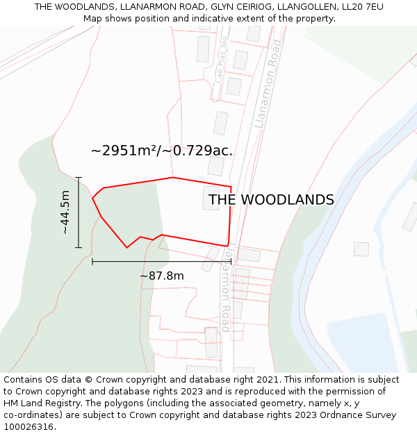 THE WOODLANDS, LLANARMON ROAD, GLYN CEIRIOG, LLANGOLLEN, LL20 7EU: Plot and title map