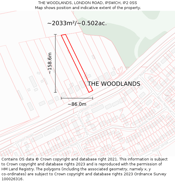 THE WOODLANDS, LONDON ROAD, IPSWICH, IP2 0SS: Plot and title map