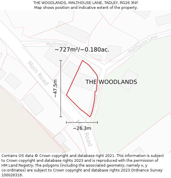 THE WOODLANDS, MALTHOUSE LANE, TADLEY, RG26 3NY: Plot and title map