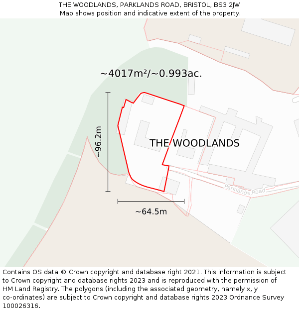THE WOODLANDS, PARKLANDS ROAD, BRISTOL, BS3 2JW: Plot and title map