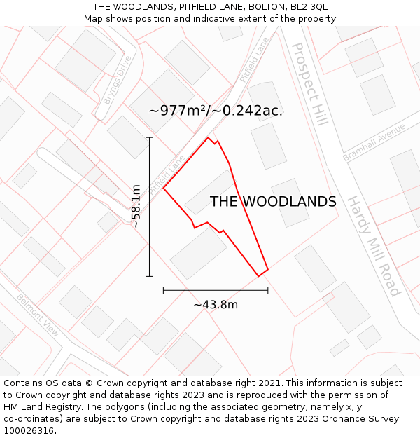 THE WOODLANDS, PITFIELD LANE, BOLTON, BL2 3QL: Plot and title map