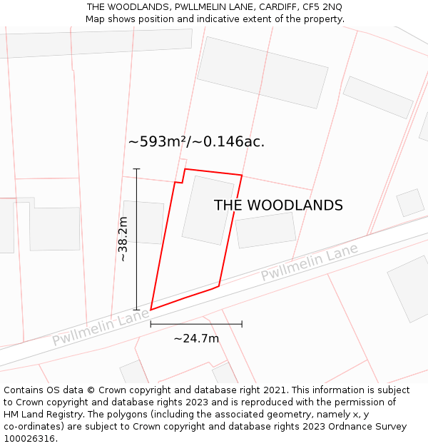 THE WOODLANDS, PWLLMELIN LANE, CARDIFF, CF5 2NQ: Plot and title map