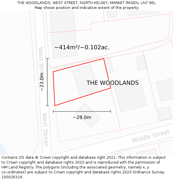 THE WOODLANDS, WEST STREET, NORTH KELSEY, MARKET RASEN, LN7 6EL: Plot and title map