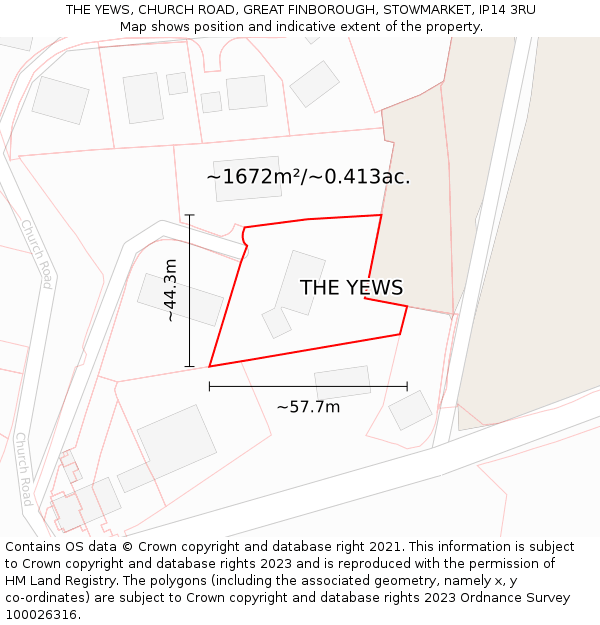 THE YEWS, CHURCH ROAD, GREAT FINBOROUGH, STOWMARKET, IP14 3RU: Plot and title map