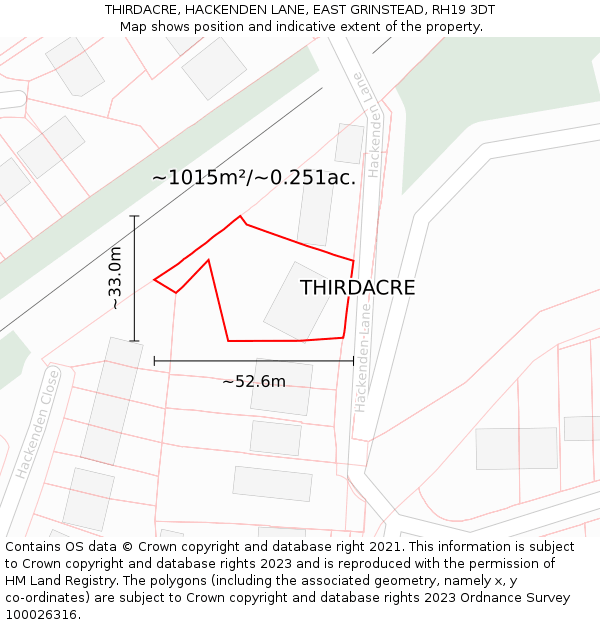 THIRDACRE, HACKENDEN LANE, EAST GRINSTEAD, RH19 3DT: Plot and title map
