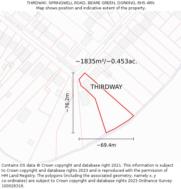 THIRDWAY, SPRINGWELL ROAD, BEARE GREEN, DORKING, RH5 4RN: Plot and title map