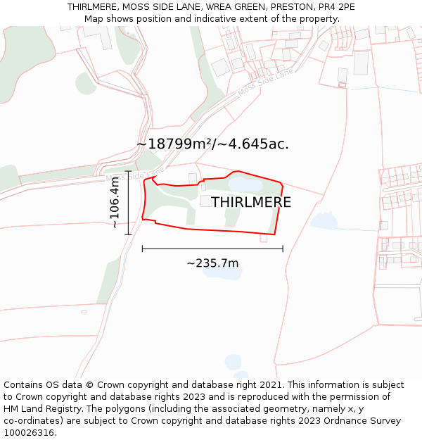 THIRLMERE, MOSS SIDE LANE, WREA GREEN, PRESTON, PR4 2PE: Plot and title map