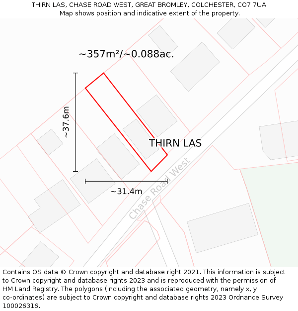 THIRN LAS, CHASE ROAD WEST, GREAT BROMLEY, COLCHESTER, CO7 7UA: Plot and title map