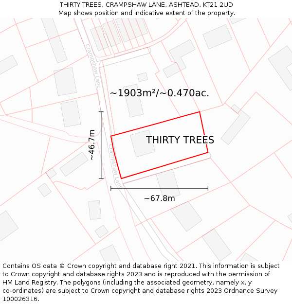 THIRTY TREES, CRAMPSHAW LANE, ASHTEAD, KT21 2UD: Plot and title map