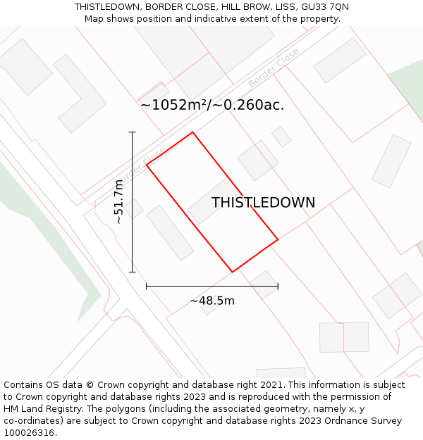 THISTLEDOWN, BORDER CLOSE, HILL BROW, LISS, GU33 7QN: Plot and title map