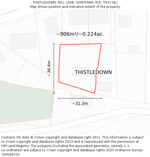 THISTLEDOWN, MILL LANE, NORTHIAM, RYE, TN31 6JU: Plot and title map