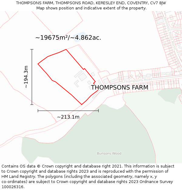 THOMPSONS FARM, THOMPSONS ROAD, KERESLEY END, COVENTRY, CV7 8JW: Plot and title map