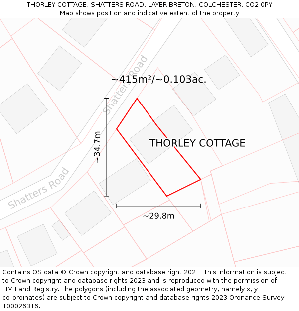 THORLEY COTTAGE, SHATTERS ROAD, LAYER BRETON, COLCHESTER, CO2 0PY: Plot and title map