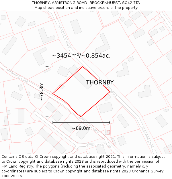 THORNBY, ARMSTRONG ROAD, BROCKENHURST, SO42 7TA: Plot and title map