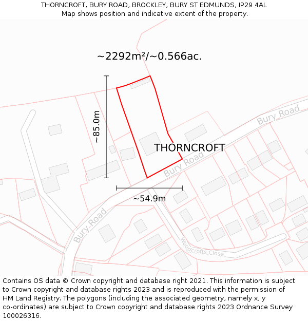 THORNCROFT, BURY ROAD, BROCKLEY, BURY ST EDMUNDS, IP29 4AL: Plot and title map