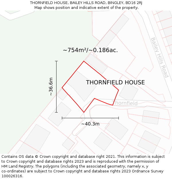 THORNFIELD HOUSE, BAILEY HILLS ROAD, BINGLEY, BD16 2RJ: Plot and title map