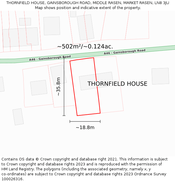 THORNFIELD HOUSE, GAINSBOROUGH ROAD, MIDDLE RASEN, MARKET RASEN, LN8 3JU: Plot and title map