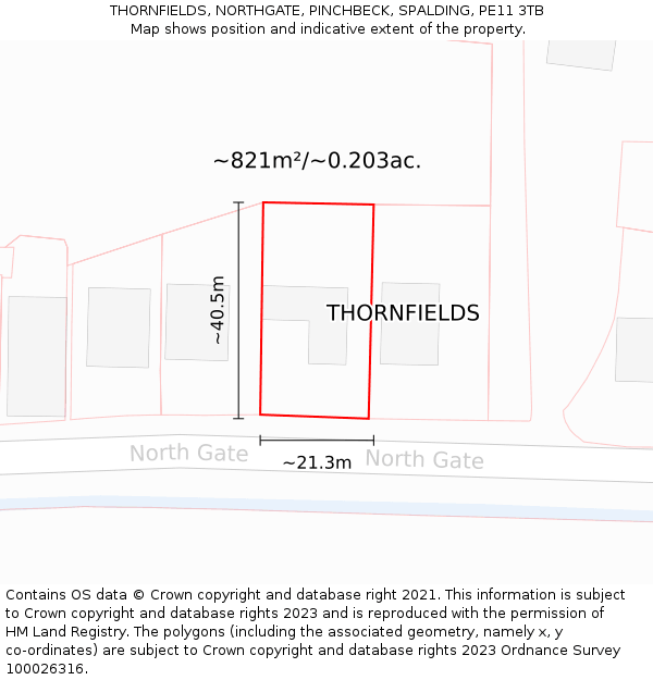 THORNFIELDS, NORTHGATE, PINCHBECK, SPALDING, PE11 3TB: Plot and title map