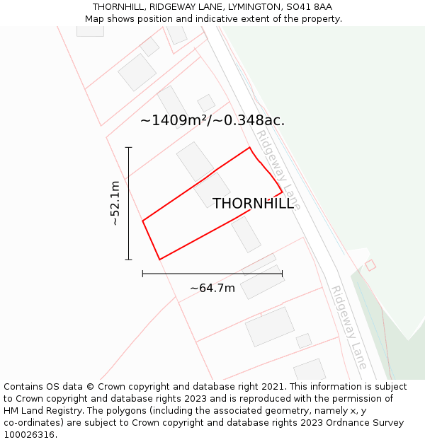 THORNHILL, RIDGEWAY LANE, LYMINGTON, SO41 8AA: Plot and title map