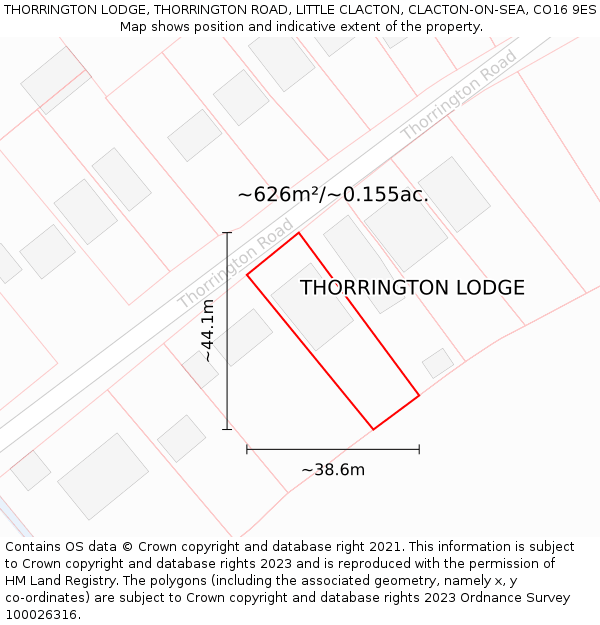 THORRINGTON LODGE, THORRINGTON ROAD, LITTLE CLACTON, CLACTON-ON-SEA, CO16 9ES: Plot and title map