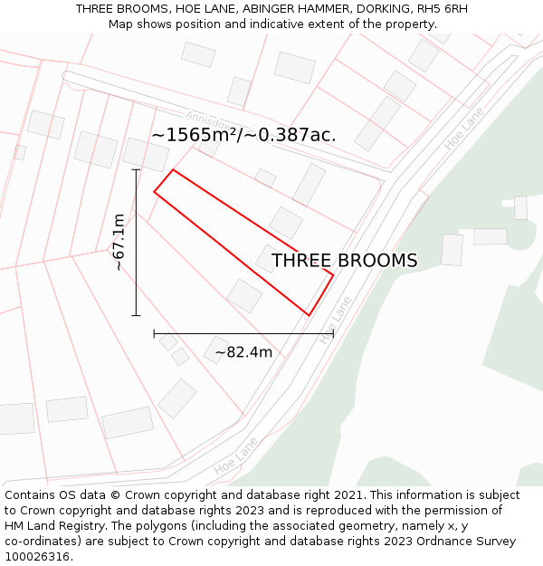 THREE BROOMS, HOE LANE, ABINGER HAMMER, DORKING, RH5 6RH: Plot and title map