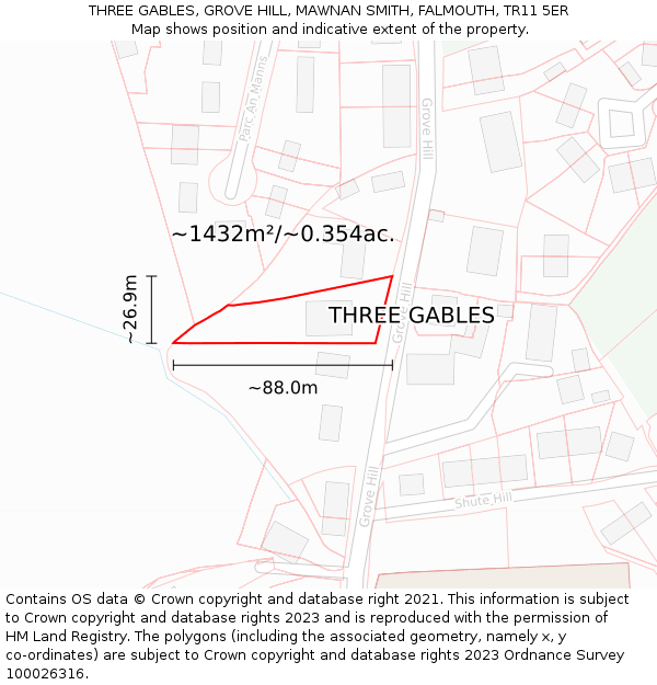 THREE GABLES, GROVE HILL, MAWNAN SMITH, FALMOUTH, TR11 5ER: Plot and title map
