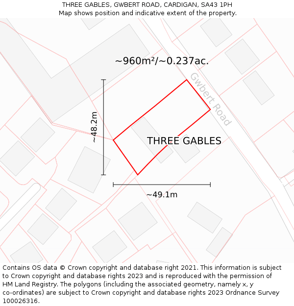 THREE GABLES, GWBERT ROAD, CARDIGAN, SA43 1PH: Plot and title map